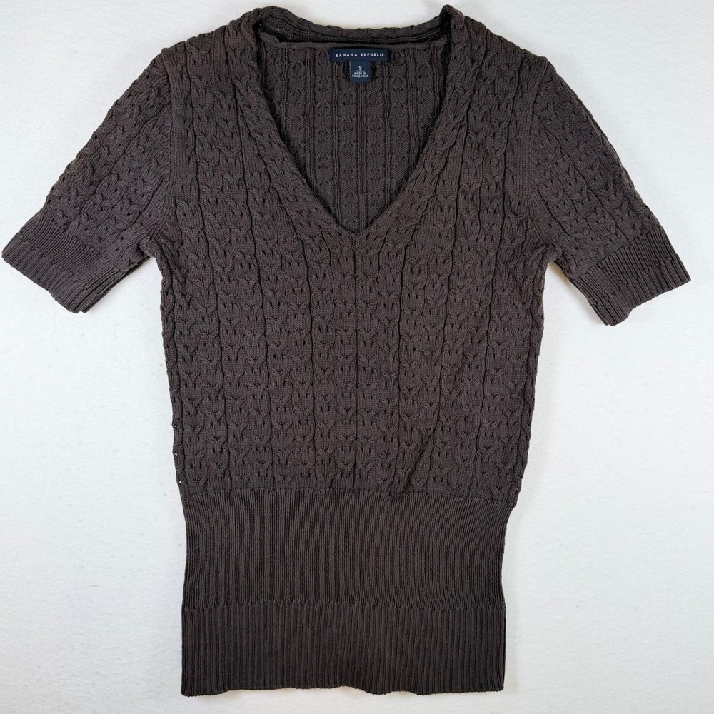 Banana Republic Womens Brown Cable‎ Knit V-Neck Short Sleeve Cotton Sweater S